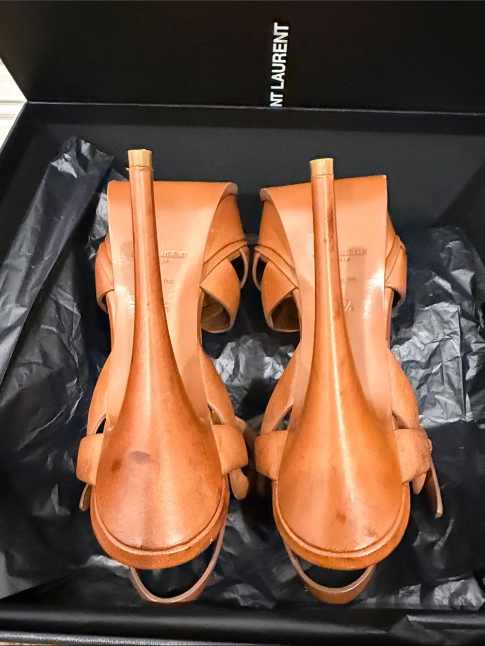 Saint Laurent Tribute 105 Camel Leather Platform Sandals Heels 37.5 Full Set - Picture 11 of 13